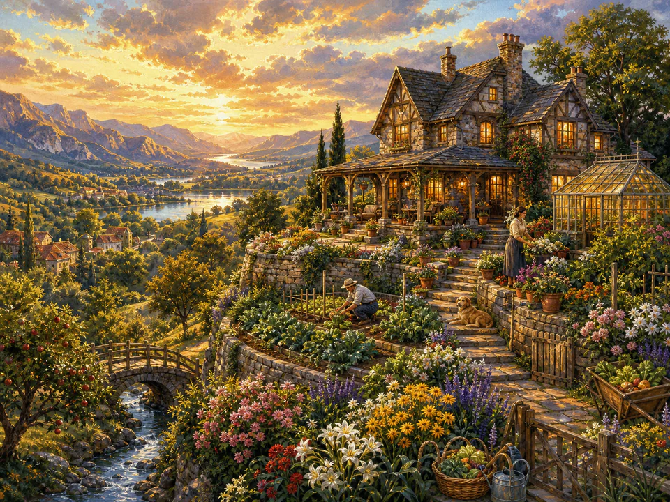 Golden Hilltop Home, an illustrated cozy cottages jigsaw puzzle scene