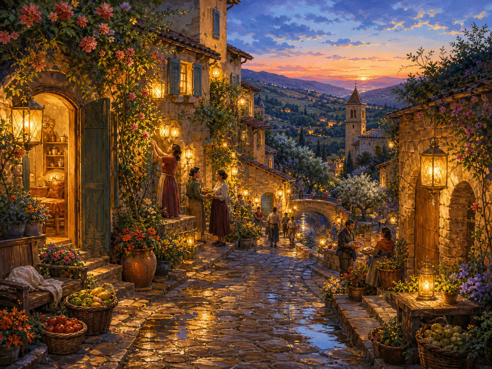Golden Lantern Lane, an illustrated cozy cottages jigsaw puzzle scene