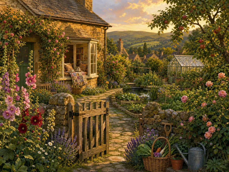 Golden Garden Gate, an illustrated cozy cottages jigsaw puzzle scene