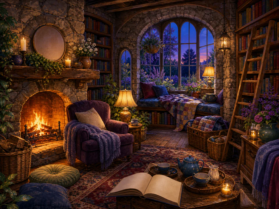 Golden Reading Room, an illustrated cozy cottages jigsaw puzzle scene
