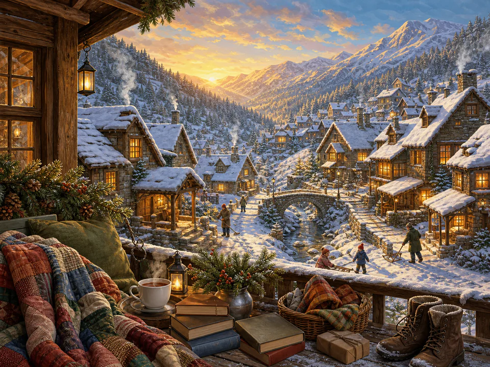 Golden Village Roofs, an illustrated cozy cottages jigsaw puzzle scene