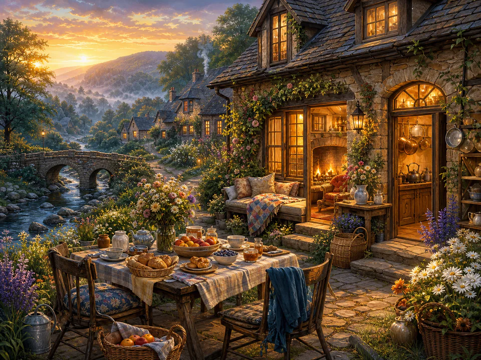 Twilight Cottage at Dawn, an illustrated cozy cottages jigsaw puzzle scene