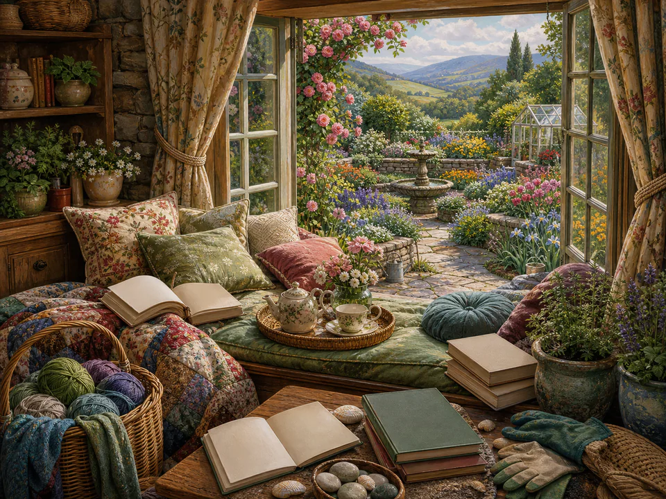 Twilight Window Garden, an illustrated cozy cottages jigsaw puzzle scene