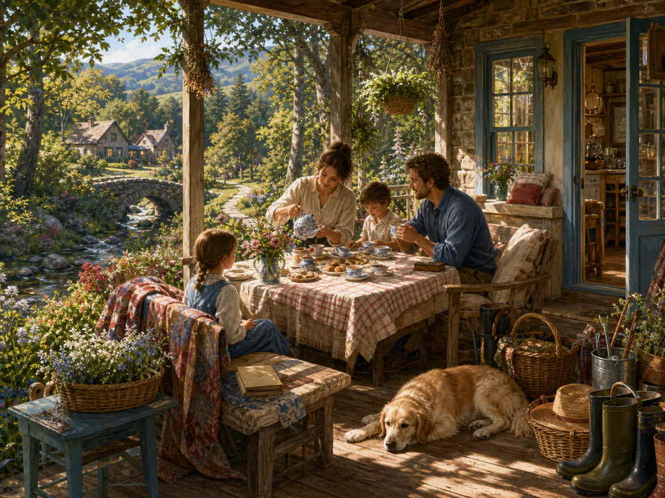 Twilight Woodland Porch, an illustrated cozy cottages jigsaw puzzle scene