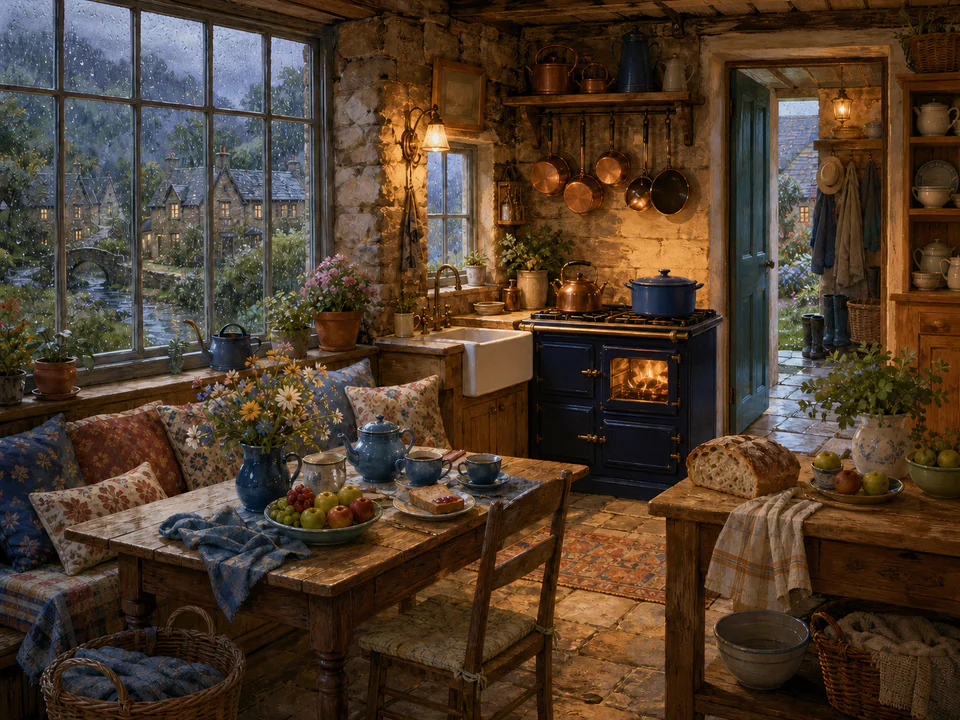 Twilight Kitchen Nook, an illustrated cozy cottages jigsaw puzzle scene
