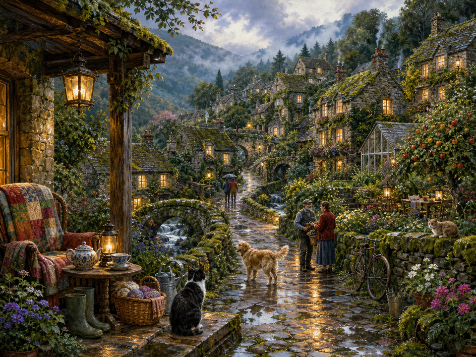 Twilight Lantern Lane, an illustrated cozy cottages jigsaw puzzle scene