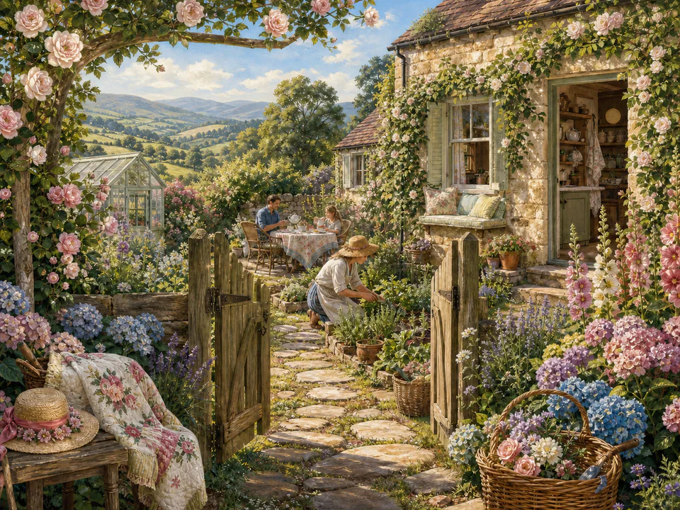 Twilight Garden Gate, an illustrated cozy cottages jigsaw puzzle scene