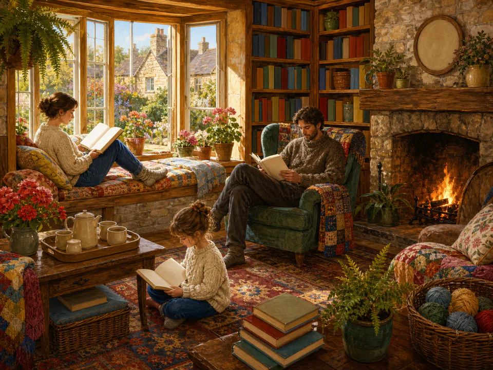 Twilight Reading Room, an illustrated cozy cottages jigsaw puzzle scene