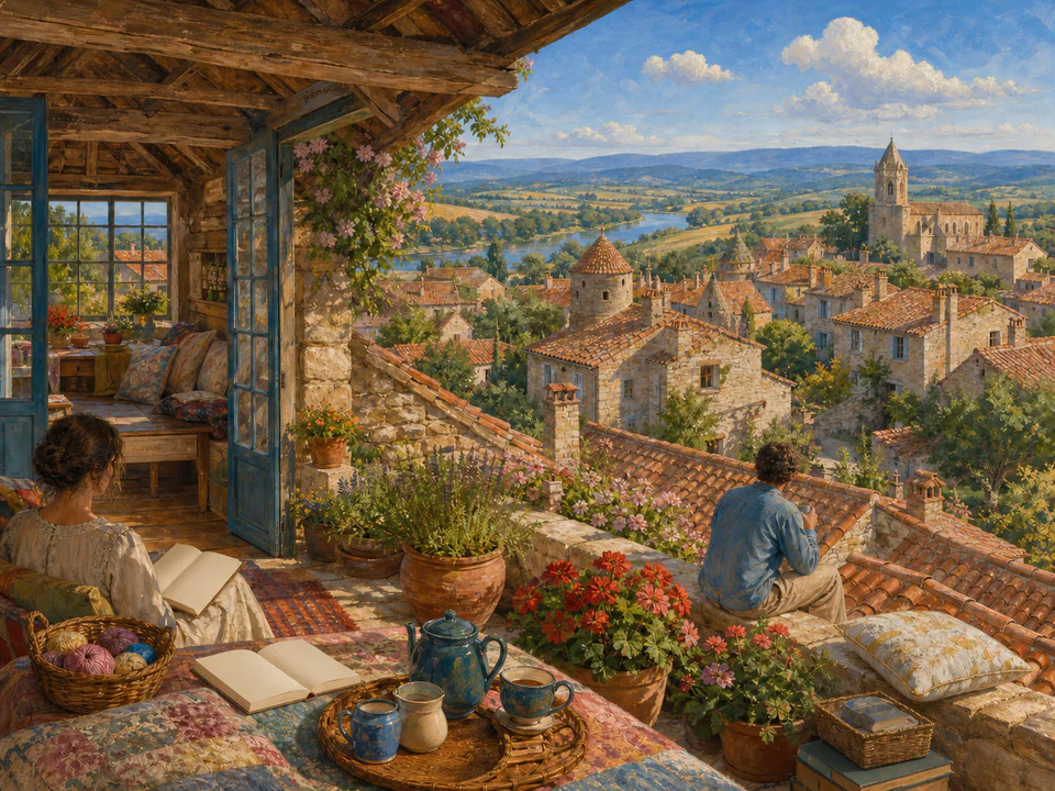 Twilight Village Roofs, an illustrated cozy cottages jigsaw puzzle scene