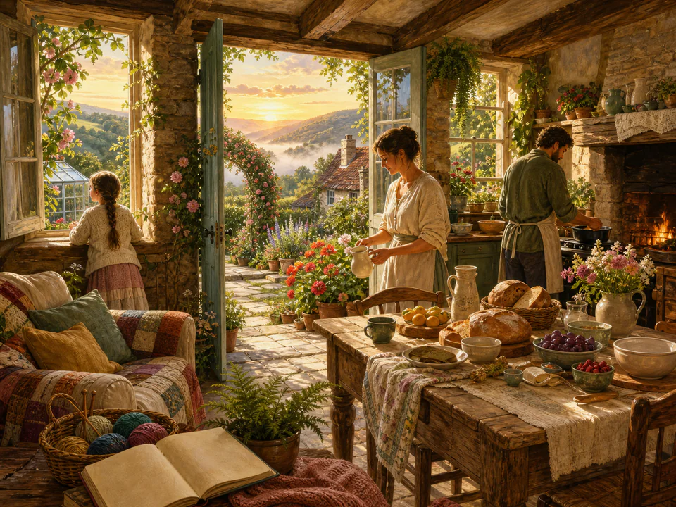 Snowy Cottage at Dawn, an illustrated cozy cottages jigsaw puzzle scene