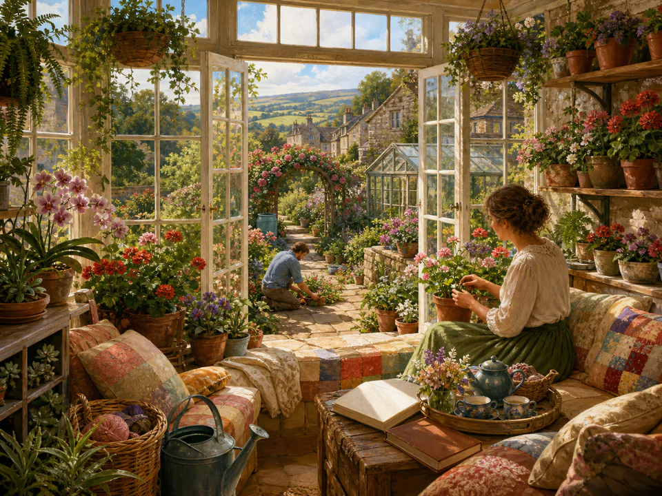 Snowy Window Garden, an illustrated cozy cottages jigsaw puzzle scene