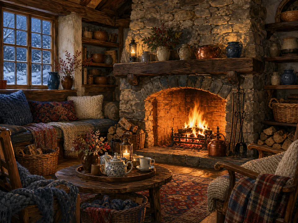 Snowy Stone Hearth, an illustrated cozy cottages jigsaw puzzle scene