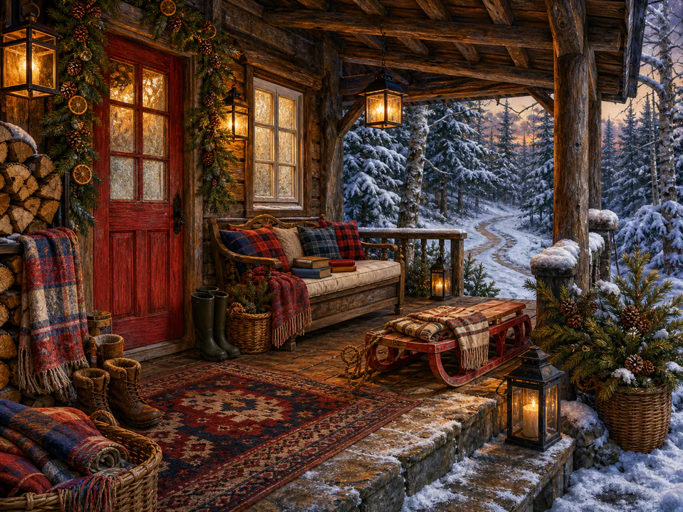 Snowy Woodland Porch, an illustrated cozy cottages jigsaw puzzle scene