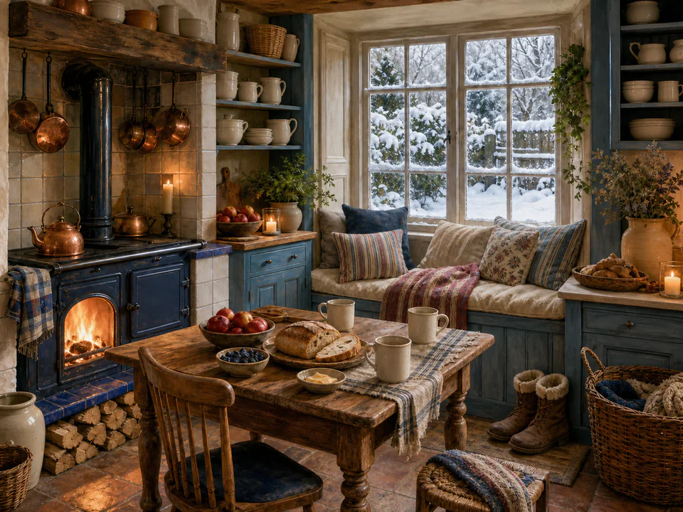 Snowy Kitchen Nook, an illustrated cozy cottages jigsaw puzzle scene