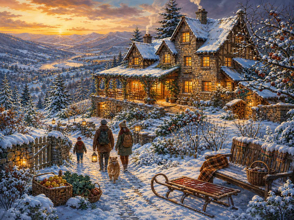 Snowy Hilltop Home, an illustrated cozy cottages jigsaw puzzle scene