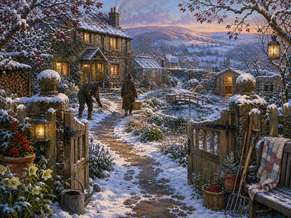 Snowy Garden Gate, an illustrated cozy cottages jigsaw puzzle scene
