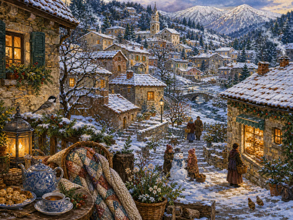 Snowy Village Roofs, an illustrated cozy cottages jigsaw puzzle scene