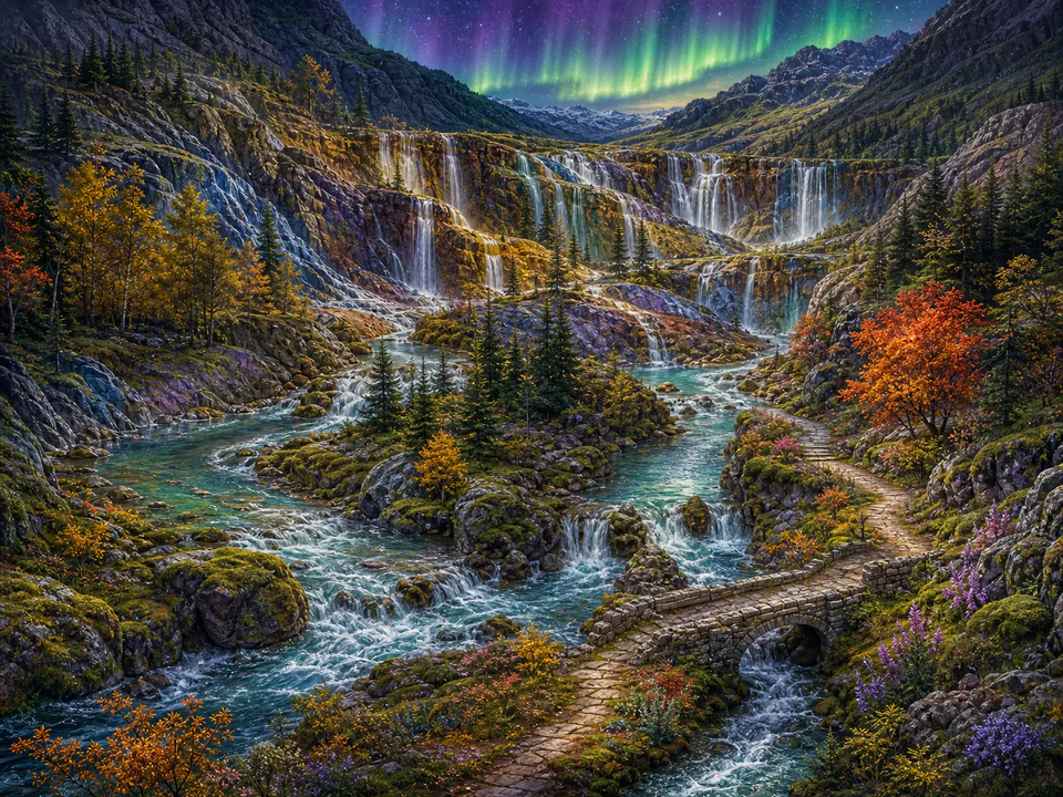 Aurora Waterfall Valley, an illustrated dream landscapes jigsaw puzzle scene