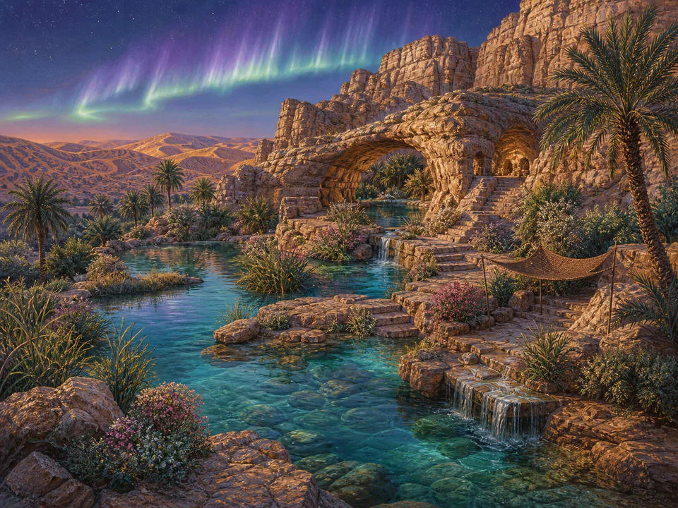 Aurora Desert Oasis, an illustrated dream landscapes jigsaw puzzle scene