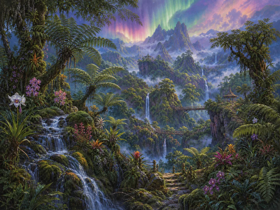 Aurora Cloud Forest, an illustrated dream landscapes jigsaw puzzle scene