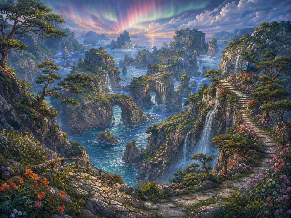 Aurora Island Cliffs, an illustrated dream landscapes jigsaw puzzle scene