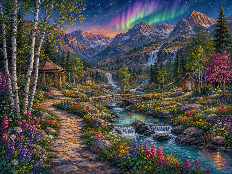 Aurora Meadow Path, an illustrated dream landscapes jigsaw puzzle scene