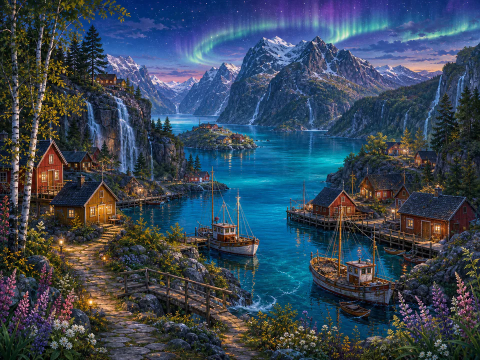 Aurora Northern Fjord, an illustrated dream landscapes jigsaw puzzle scene