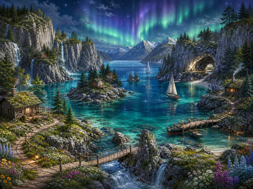 Aurora Hidden Bay, an illustrated dream landscapes jigsaw puzzle scene