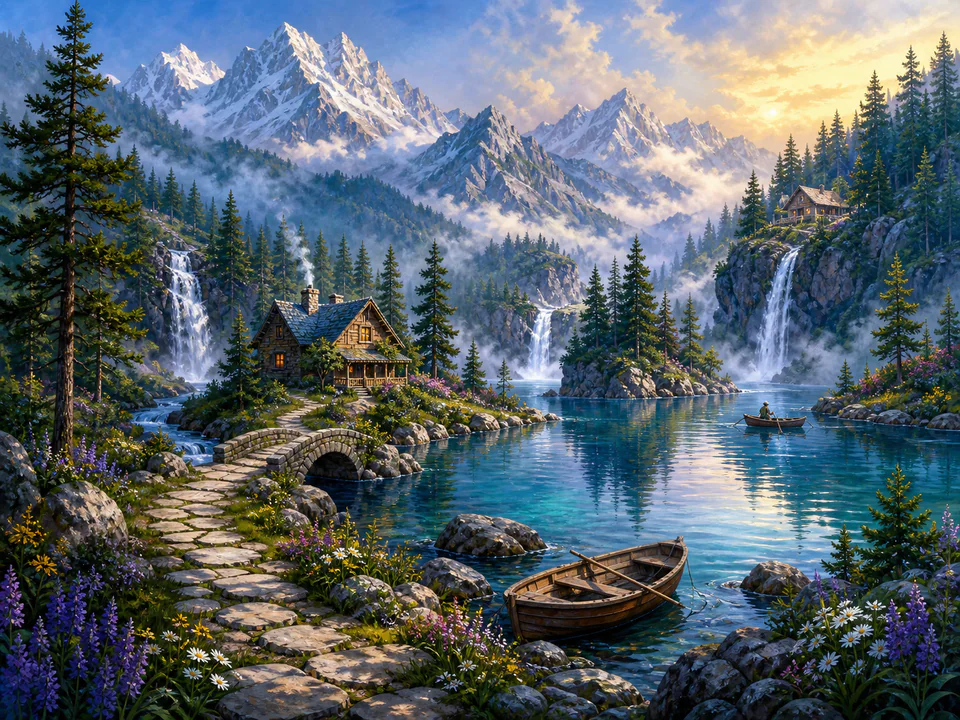 Misty Mountain Lake, an illustrated dream landscapes jigsaw puzzle scene