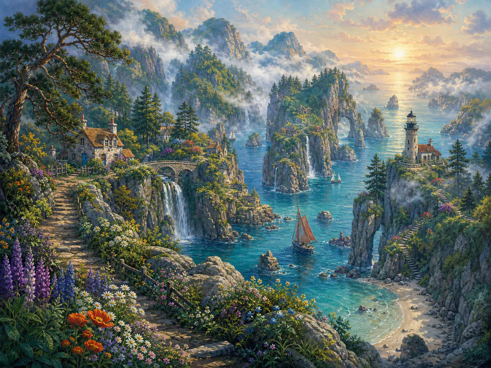 Misty Island Cliffs, an illustrated dream landscapes jigsaw puzzle scene
