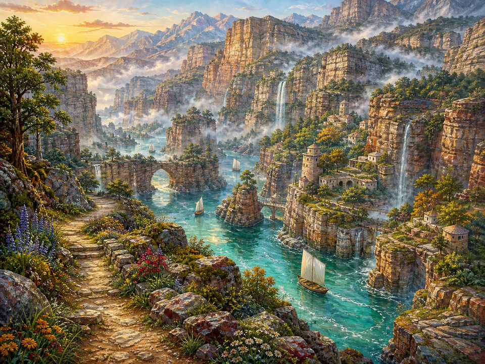 Misty River Canyon, an illustrated dream landscapes jigsaw puzzle scene