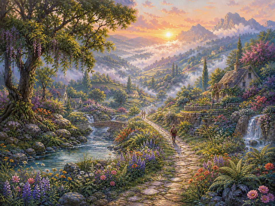 Misty Meadow Path, an illustrated dream landscapes jigsaw puzzle scene
