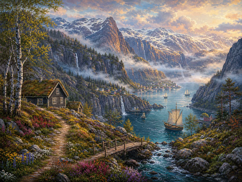 Misty Northern Fjord, an illustrated dream landscapes jigsaw puzzle scene