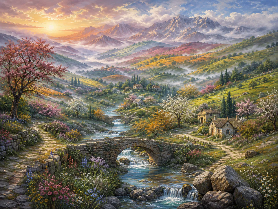 Misty Rainbow Hills, an illustrated dream landscapes jigsaw puzzle scene