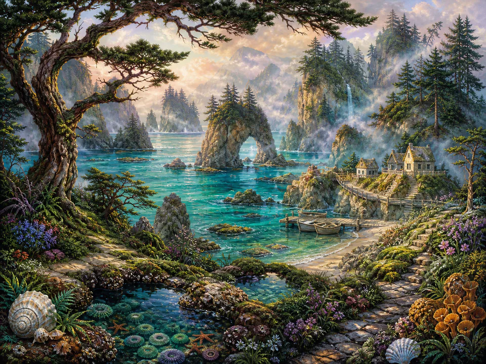 Misty Hidden Bay, an illustrated dream landscapes jigsaw puzzle scene