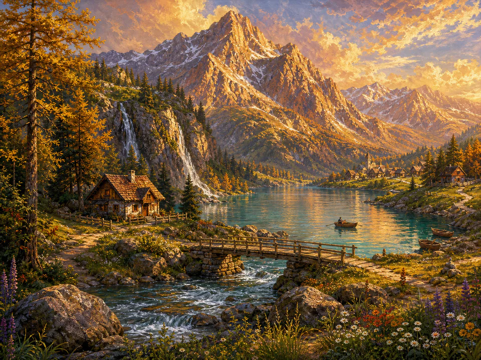 Golden Mountain Lake, an illustrated dream landscapes jigsaw puzzle scene