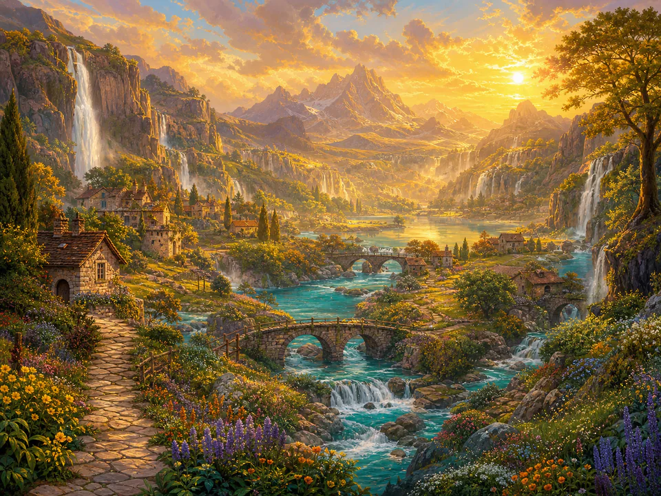 Golden Waterfall Valley, an illustrated dream landscapes jigsaw puzzle scene