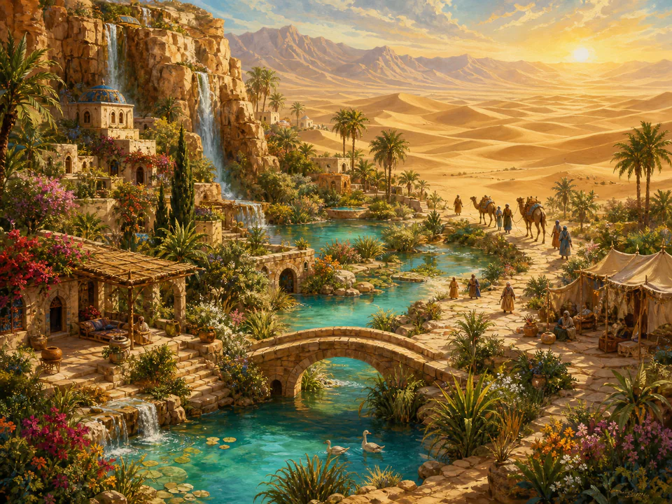 Golden Desert Oasis, an illustrated dream landscapes jigsaw puzzle scene