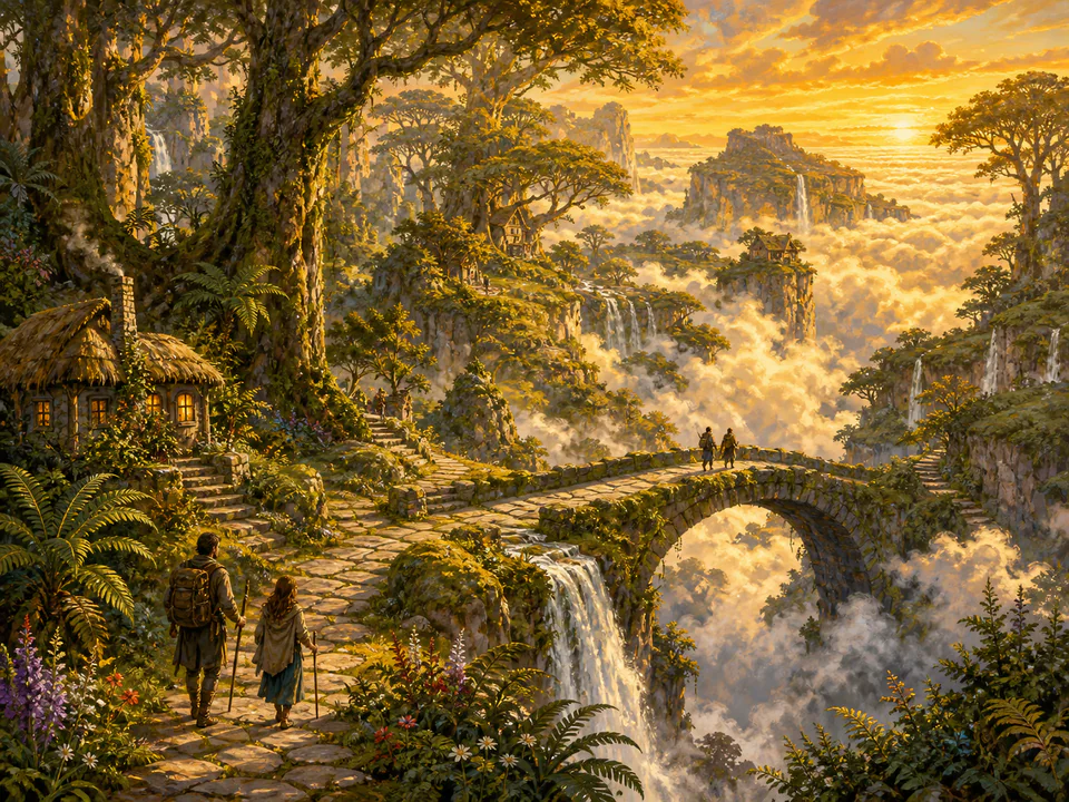Golden Cloud Forest, an illustrated dream landscapes jigsaw puzzle scene