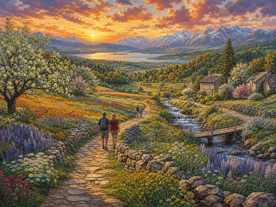Golden Meadow Path, an illustrated dream landscapes jigsaw puzzle scene