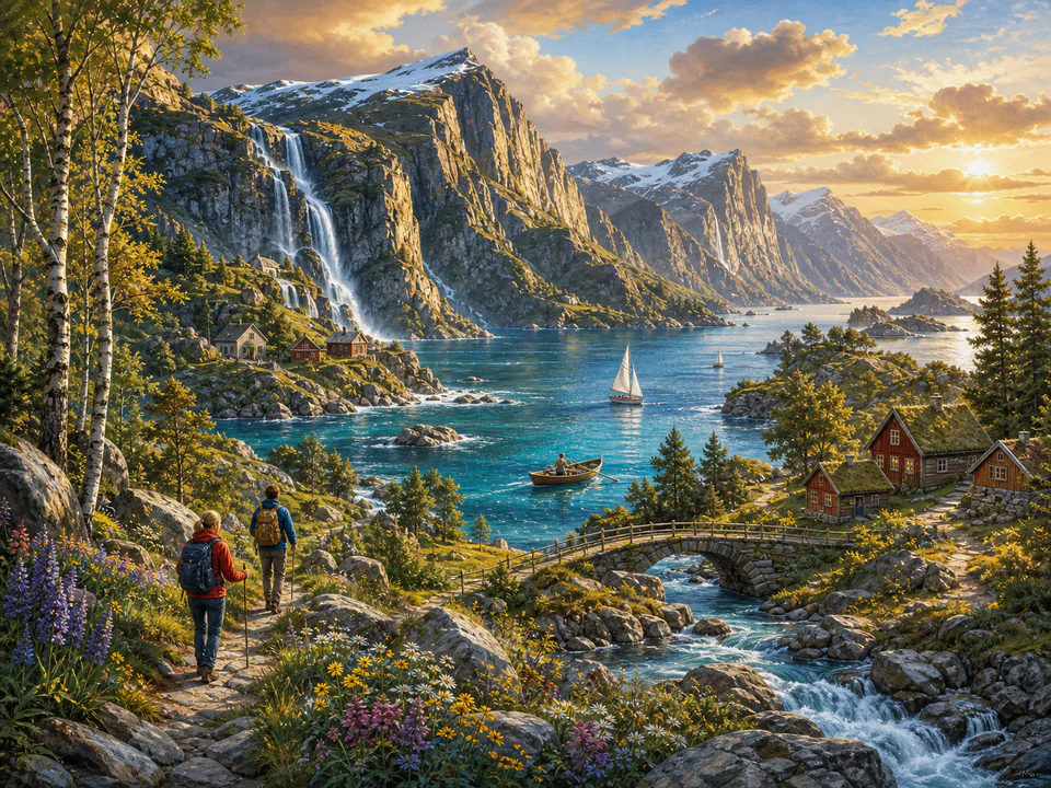Golden Northern Fjord, an illustrated dream landscapes jigsaw puzzle scene