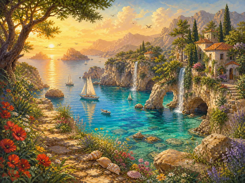Golden Hidden Bay, an illustrated dream landscapes jigsaw puzzle scene