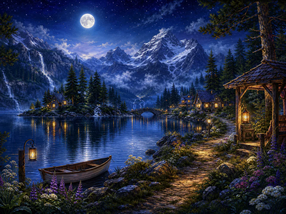 Moonlit Mountain Lake, an illustrated dream landscapes jigsaw puzzle scene