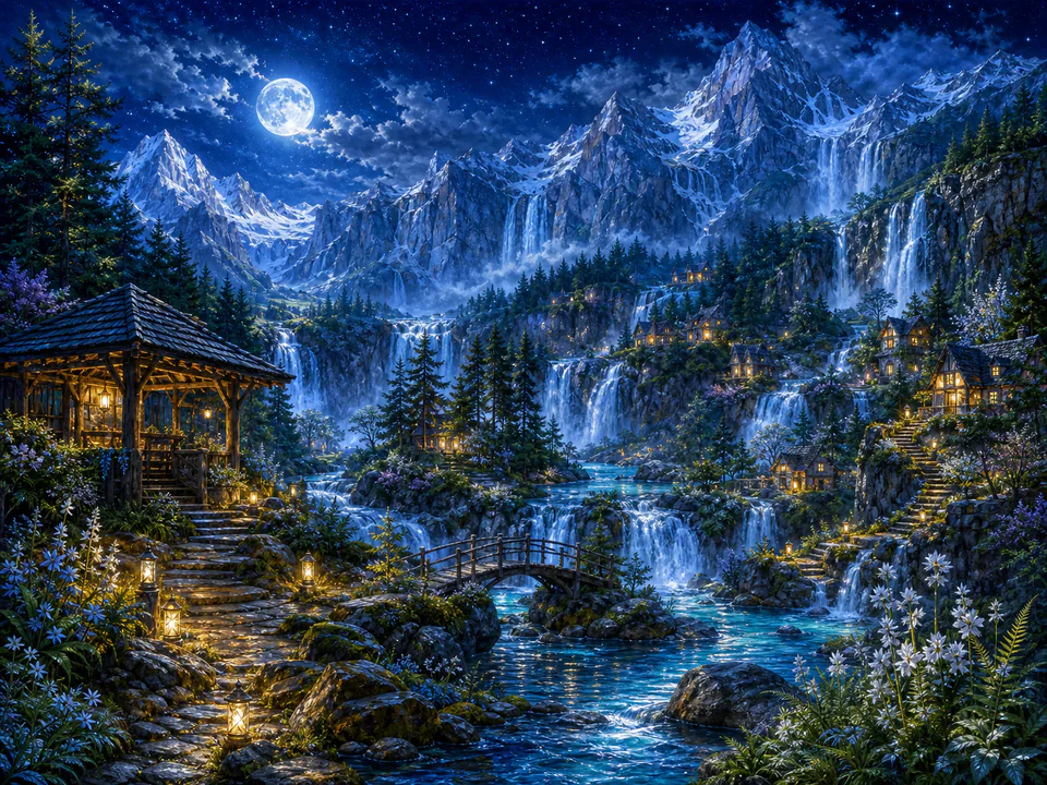 Moonlit Waterfall Valley, an illustrated dream landscapes jigsaw puzzle scene