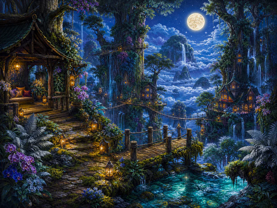 Moonlit Cloud Forest, an illustrated dream landscapes jigsaw puzzle scene