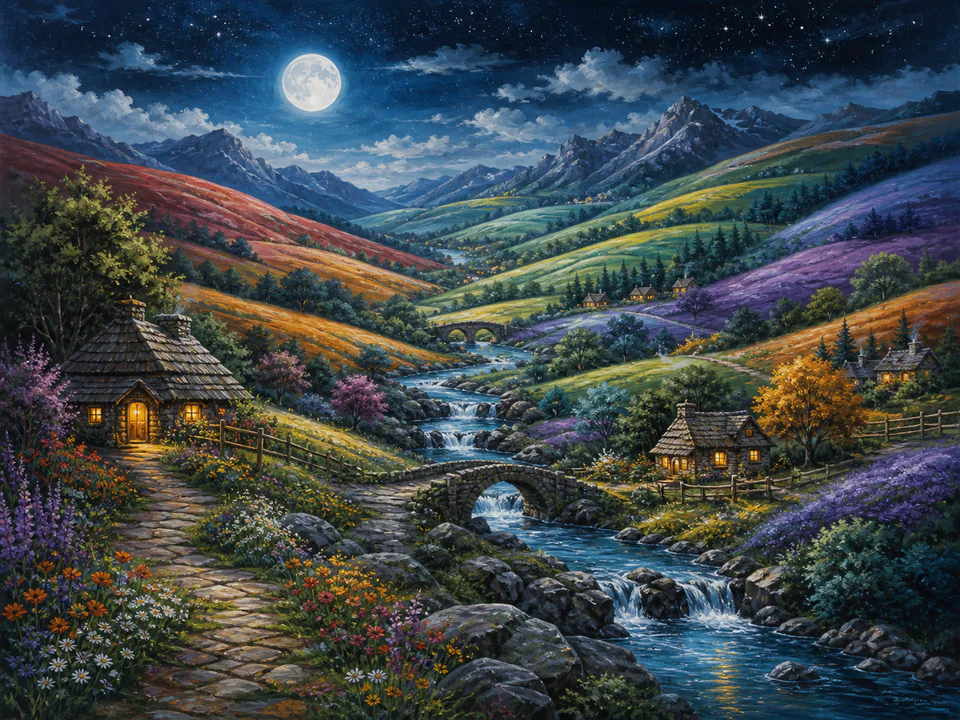 Moonlit Rainbow Hills, an illustrated dream landscapes jigsaw puzzle scene