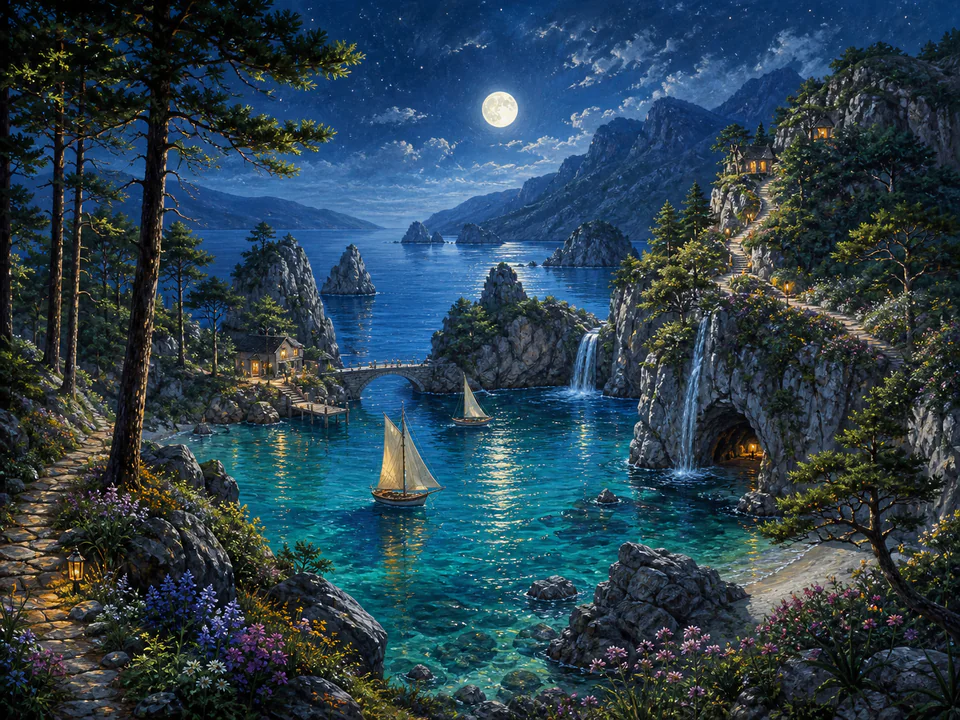 Moonlit Hidden Bay, an illustrated dream landscapes jigsaw puzzle scene