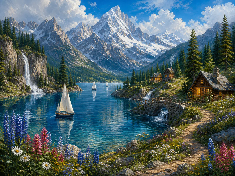 Sapphire Mountain Lake, an illustrated dream landscapes jigsaw puzzle scene