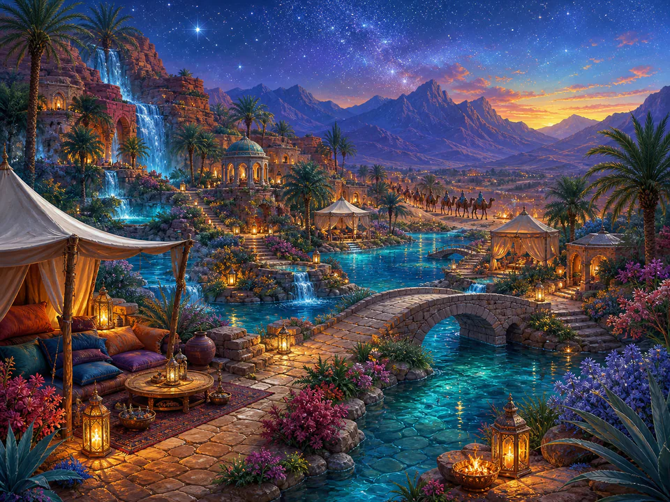 Sapphire Desert Oasis, an illustrated dream landscapes jigsaw puzzle scene