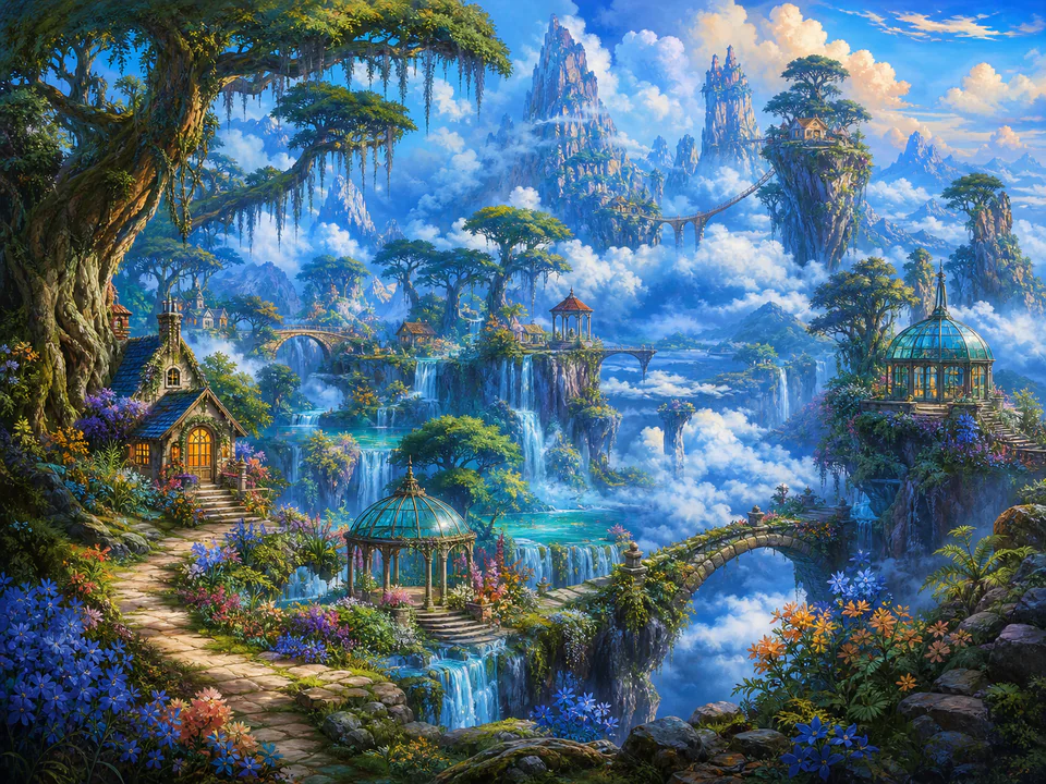 Sapphire Cloud Forest, an illustrated dream landscapes jigsaw puzzle scene
